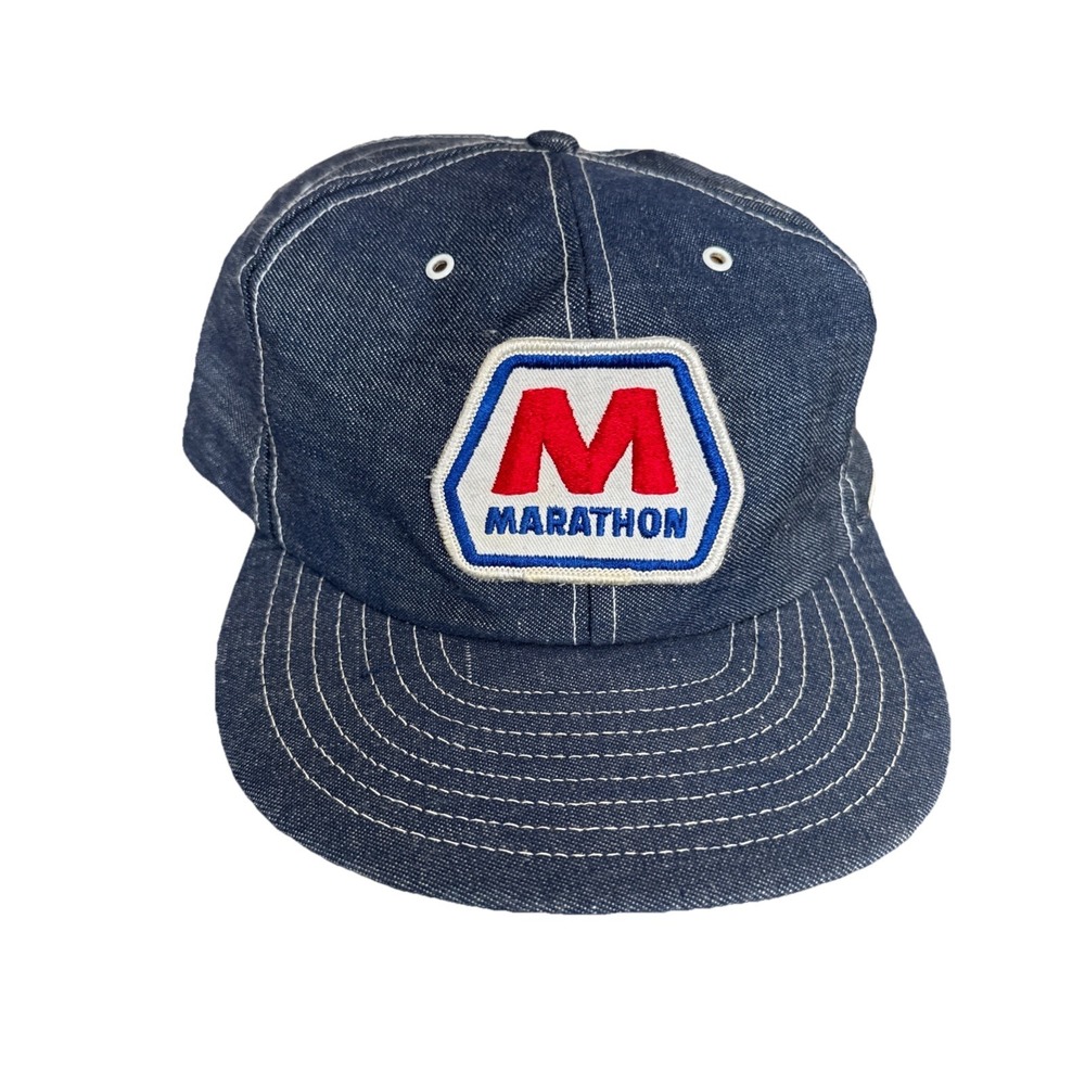 New Vintage 1980s Marathon Oil Denim Baseball Trucker Hat Denim SnapBack USA